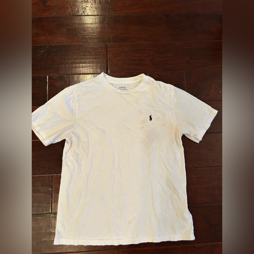 white polo shirt with navy blue logo size large kids (14-16)